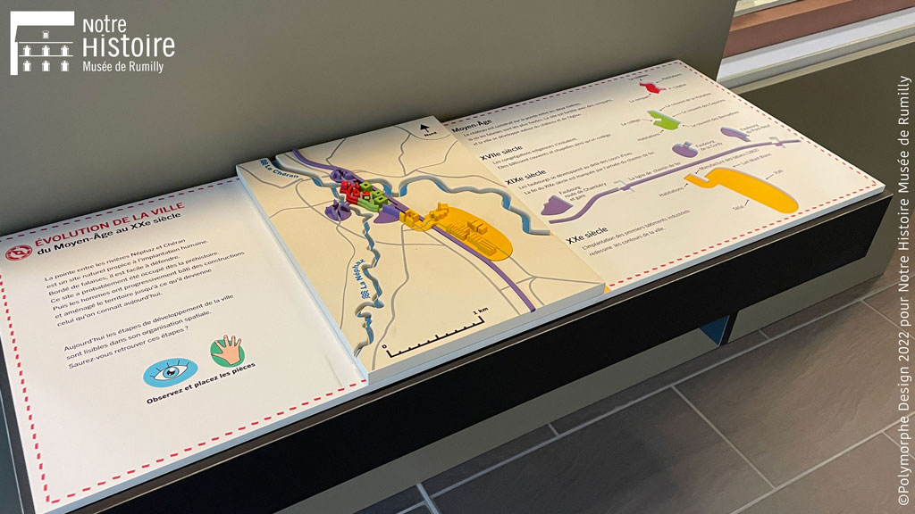 Maquette tactile présentée sur un lutrin au musée de Rumilly.