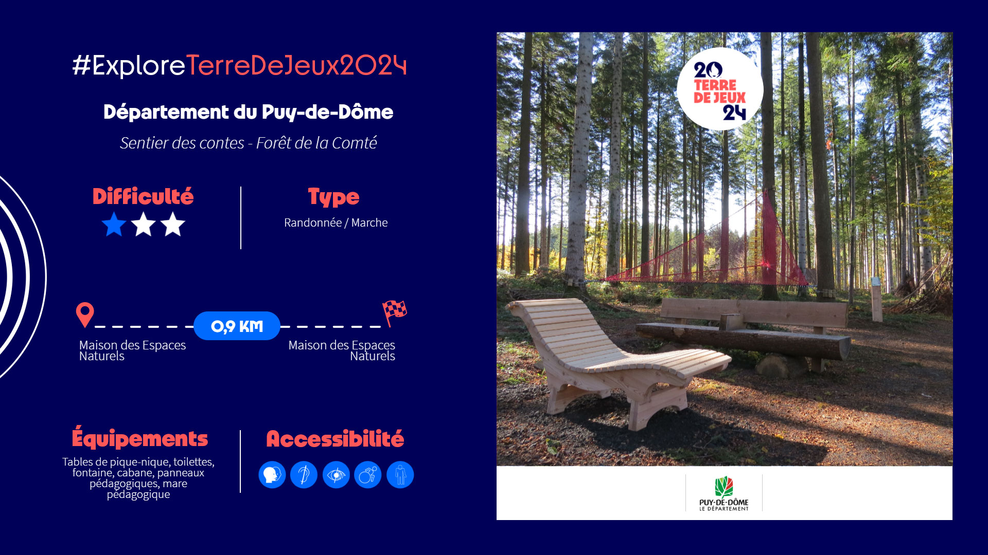 #ExploreTerreDeJeux2024 Département du Puy-de-Dôme Sentier des contes Forêt de la Comté. Difficulté : facile. Type : randonnée / marche. Distance 0,9 km. Equipement : tables de pique-nique, toilettes, fontaine, cabane, panneaux pédagogiques, mare pédagogique. Accessible à tous les publics.